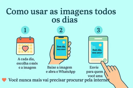 Produto digital "365 Dias de Bom Dia, Meu Amor" com imagens românticas para casais apaixonados
