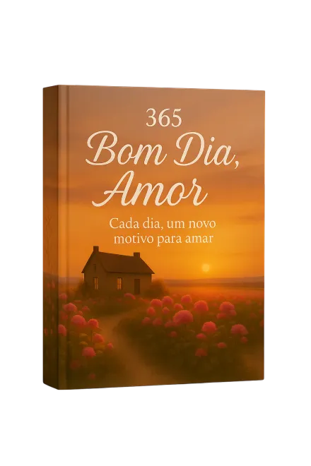 Produto digital "365 Dias de Bom Dia, Meu Amor" com imagens românticas para casais apaixonados